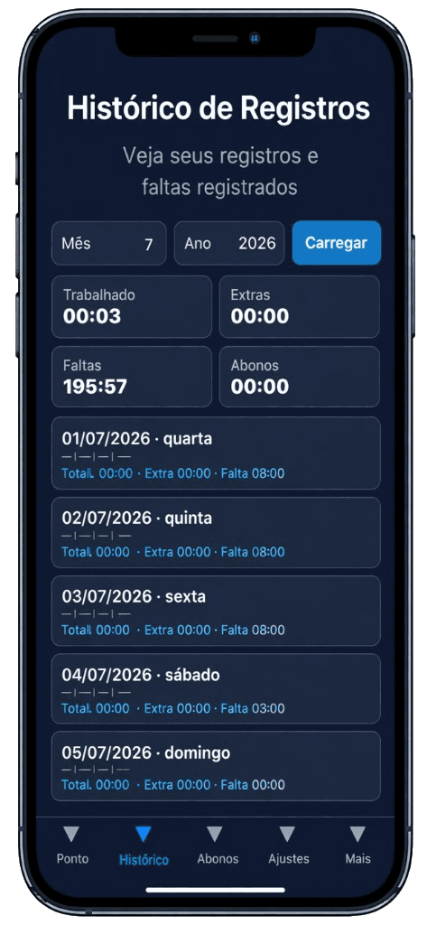 App SYSbr Ponto — histórico de registros